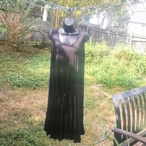 Joan Vass Elegant Black Cotton Satin Drawstring Drop Waist Dress